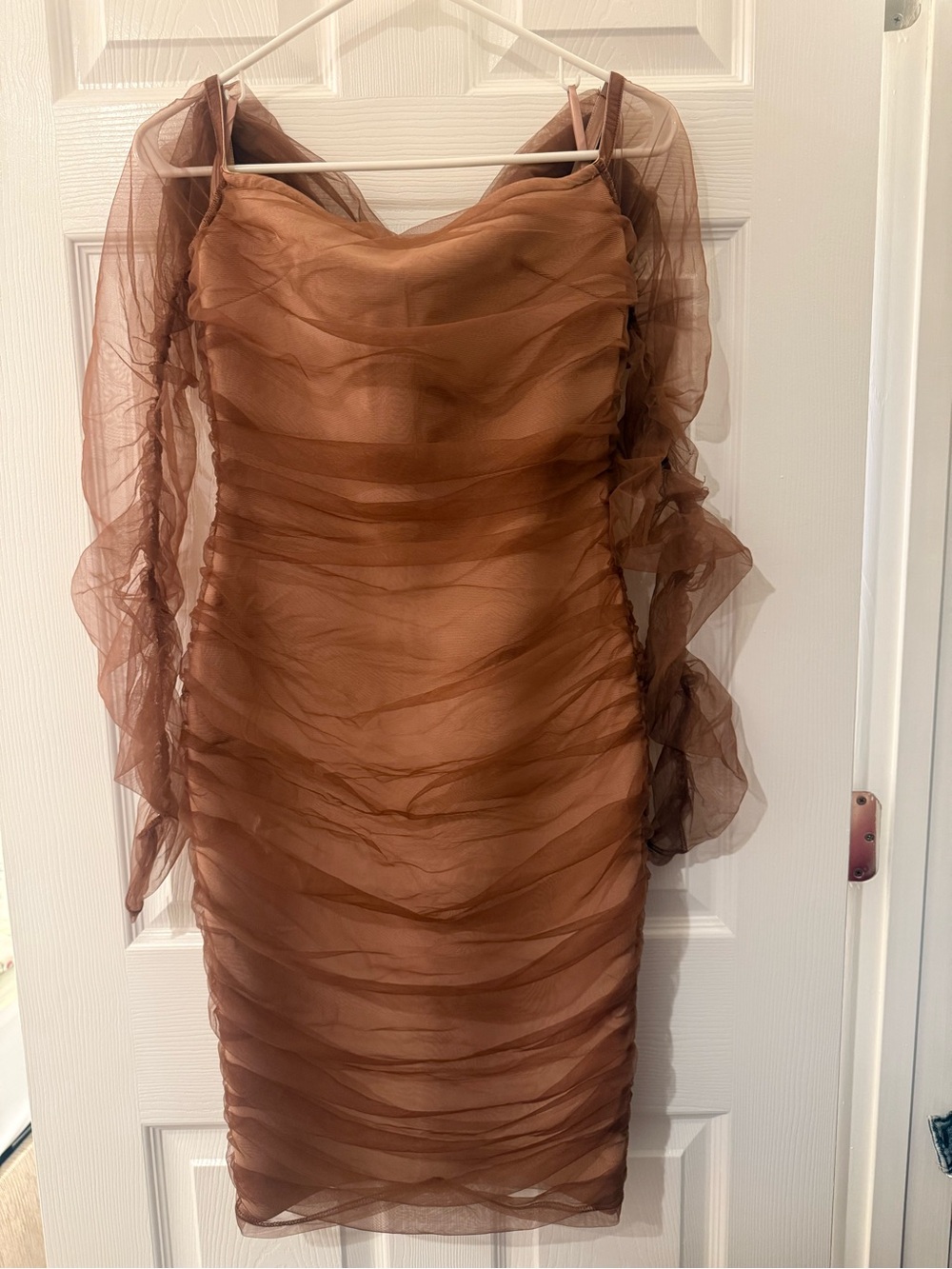 Fashion Nova Brown Sheer Ruched Midi Dress - Picture 1 of 6